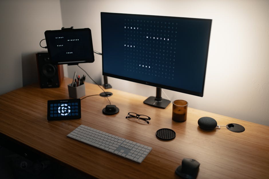 A modern desk setup featuring digital devices and a stylish minimalist design, perfect for productivity