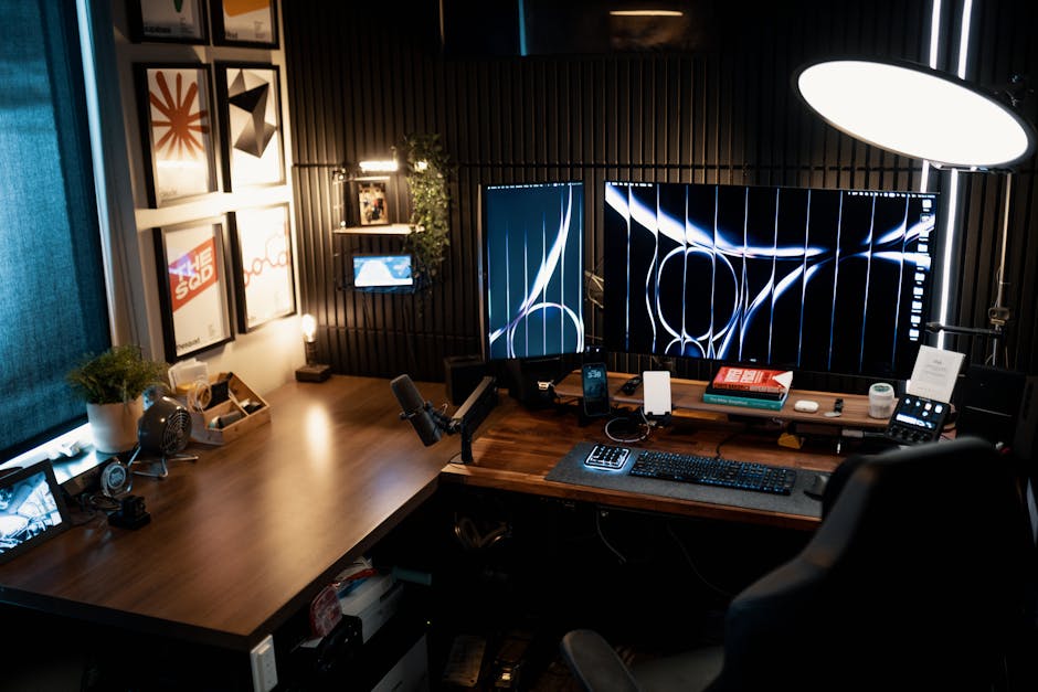 A cozy and modern home office setup featuring dual monitors, stylish decor, and ambient lighting